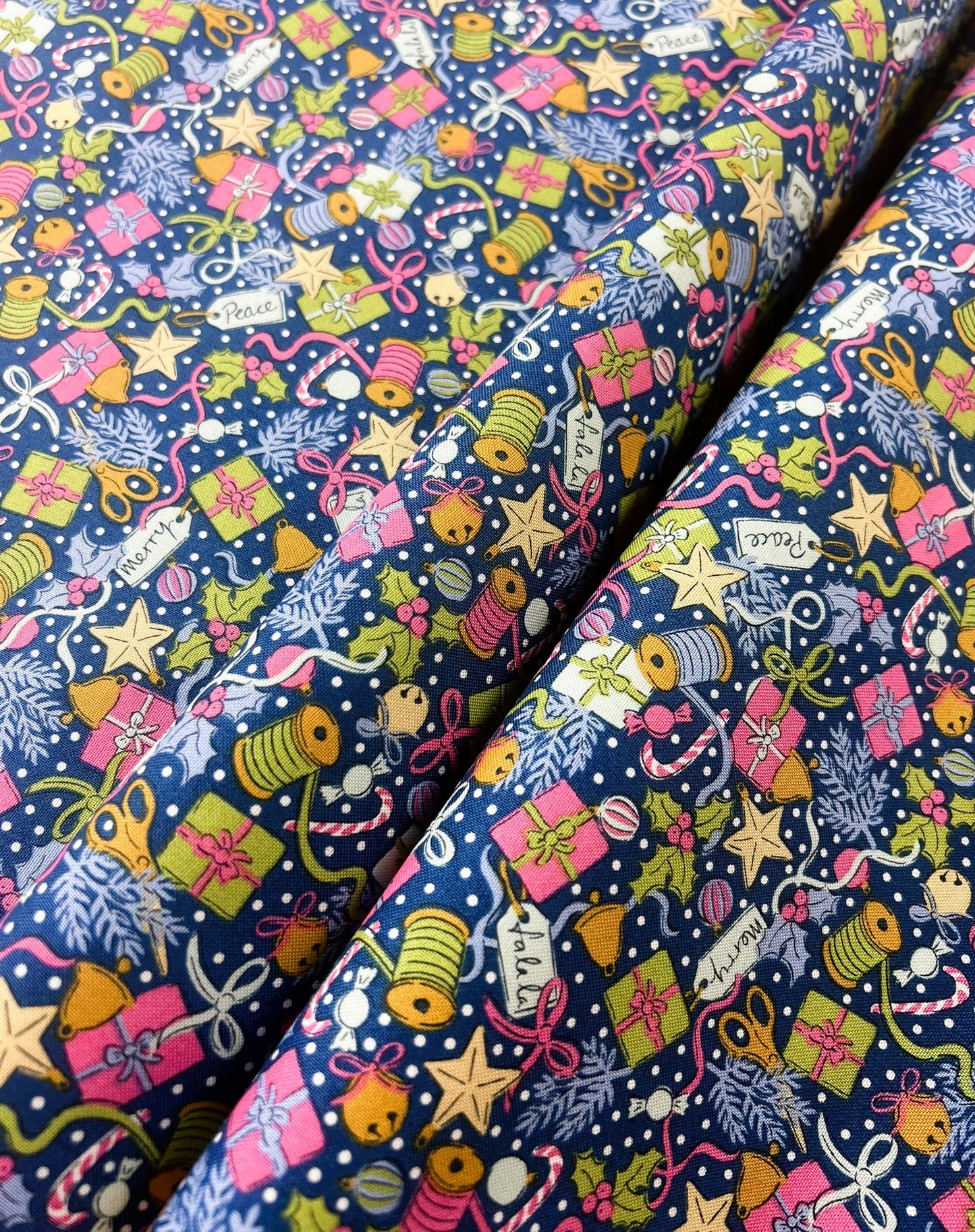 Liberty Christmas Fabric - Festive Greetings Collection, Festive Gifting blue
