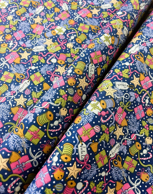 Liberty Christmas Fabric - Festive Greetings Collection, Festive Gifting blue