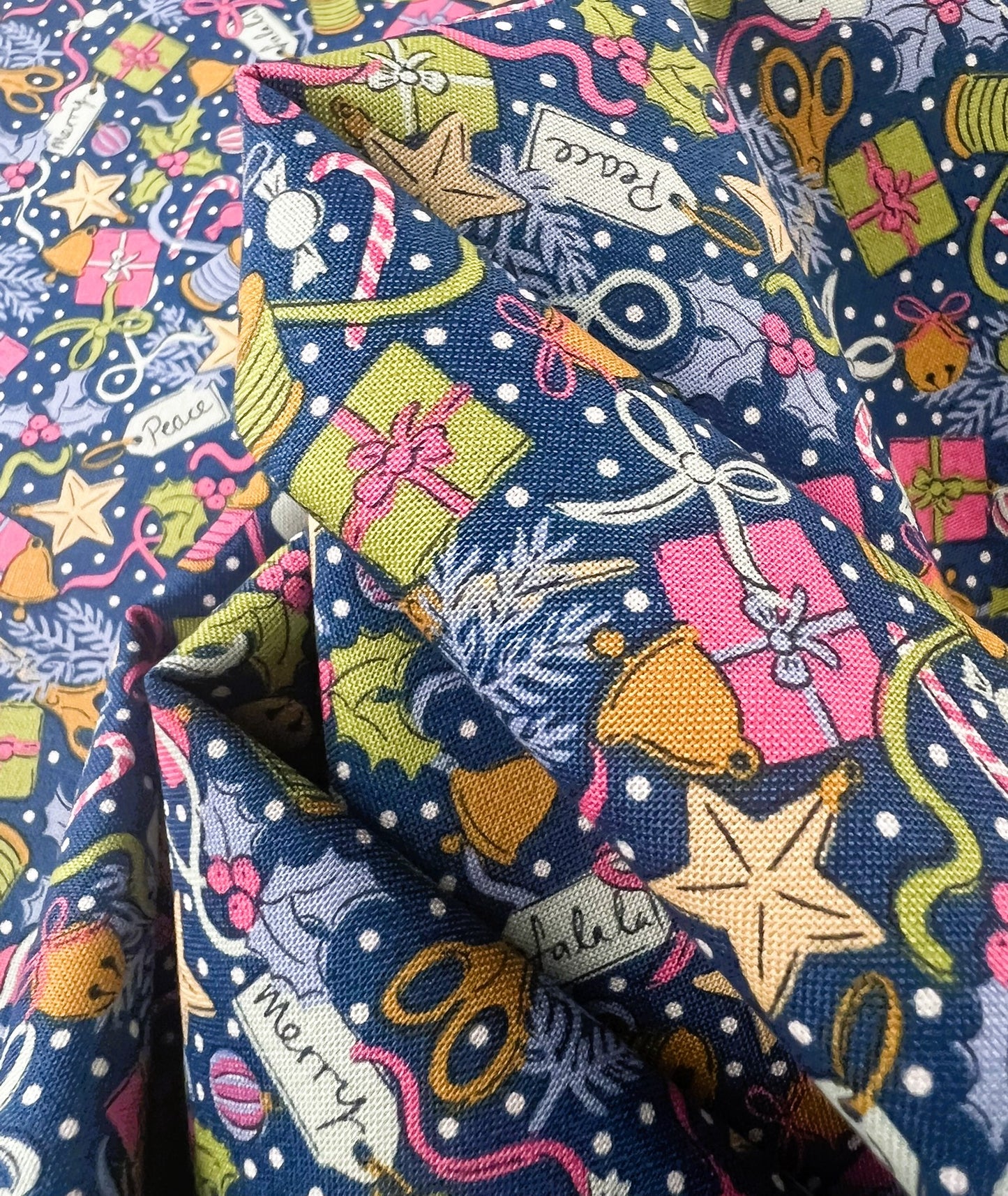 Liberty Christmas Fabric - Festive Greetings Collection, Festive Gifting blue