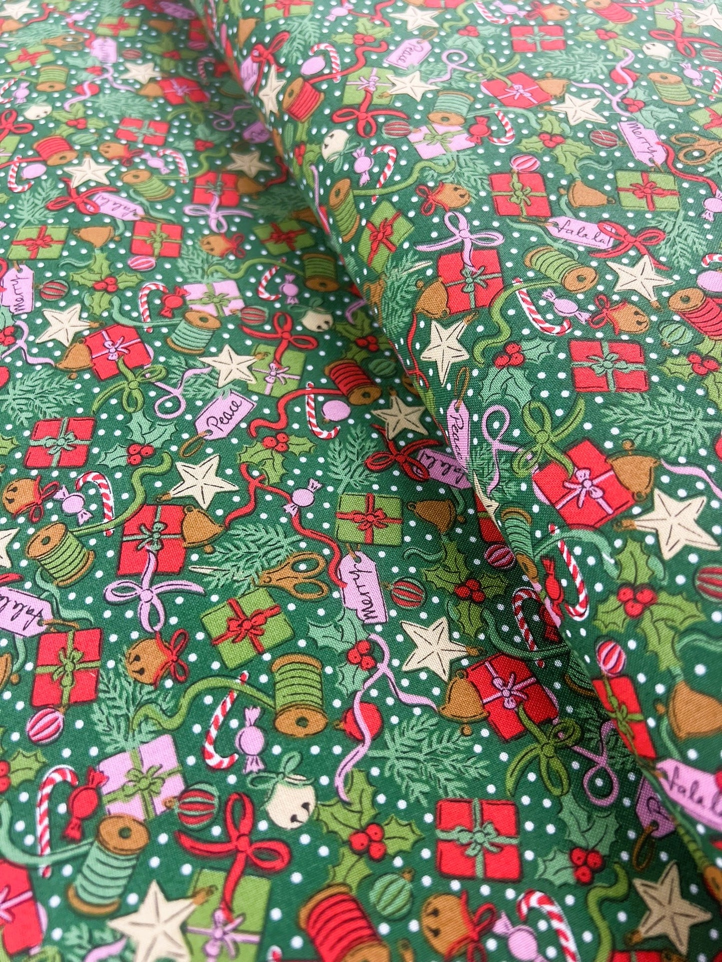 Liberty Christmas Fabric - Festive Greetings Collection, Festive Gifting green