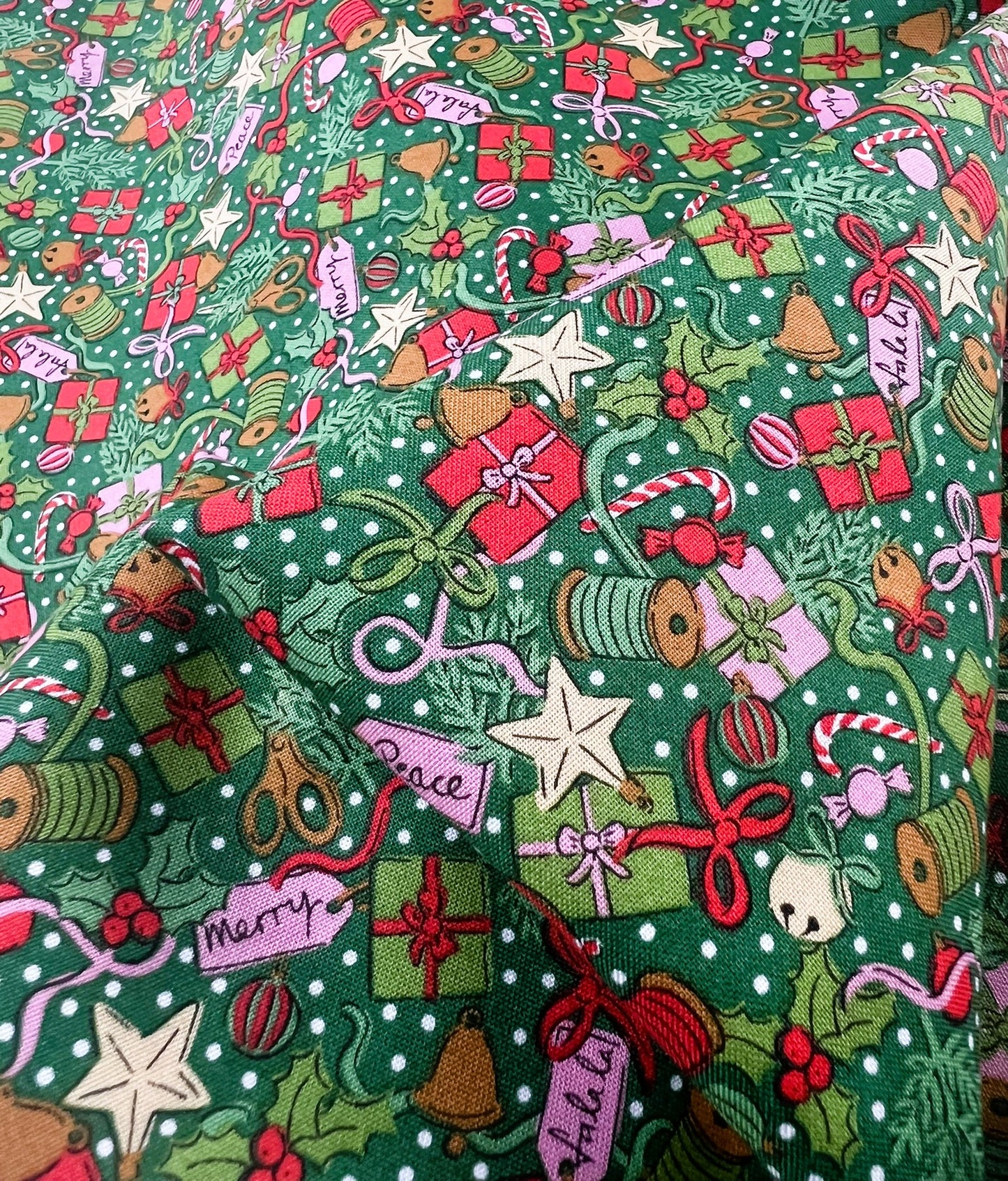 Liberty Christmas Fabric - Festive Greetings Collection, Festive Gifting green
