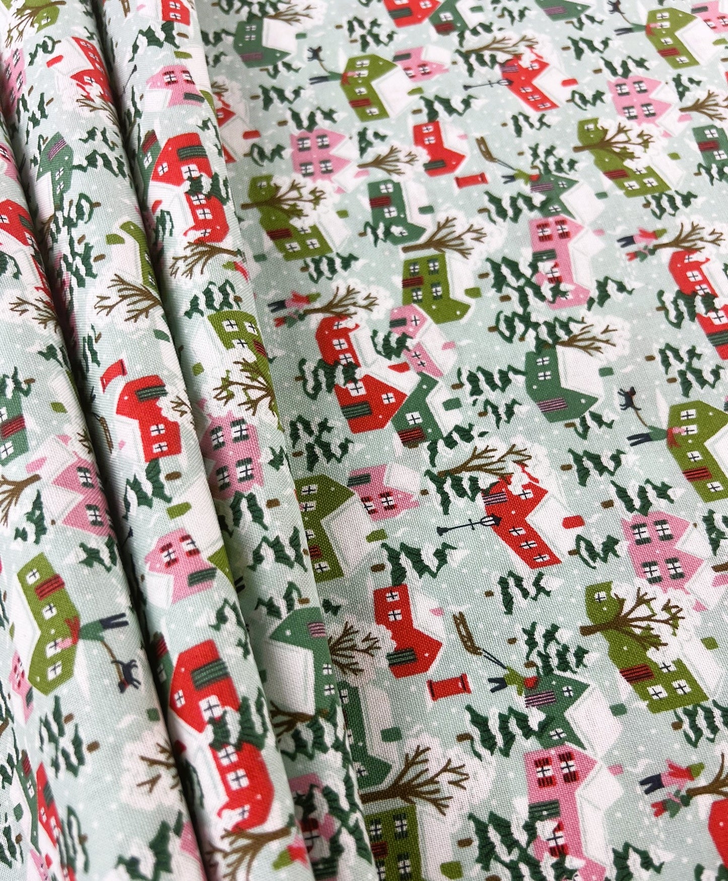 Liberty Christmas Fabric - Festive Greetings Collection, Festive Village green