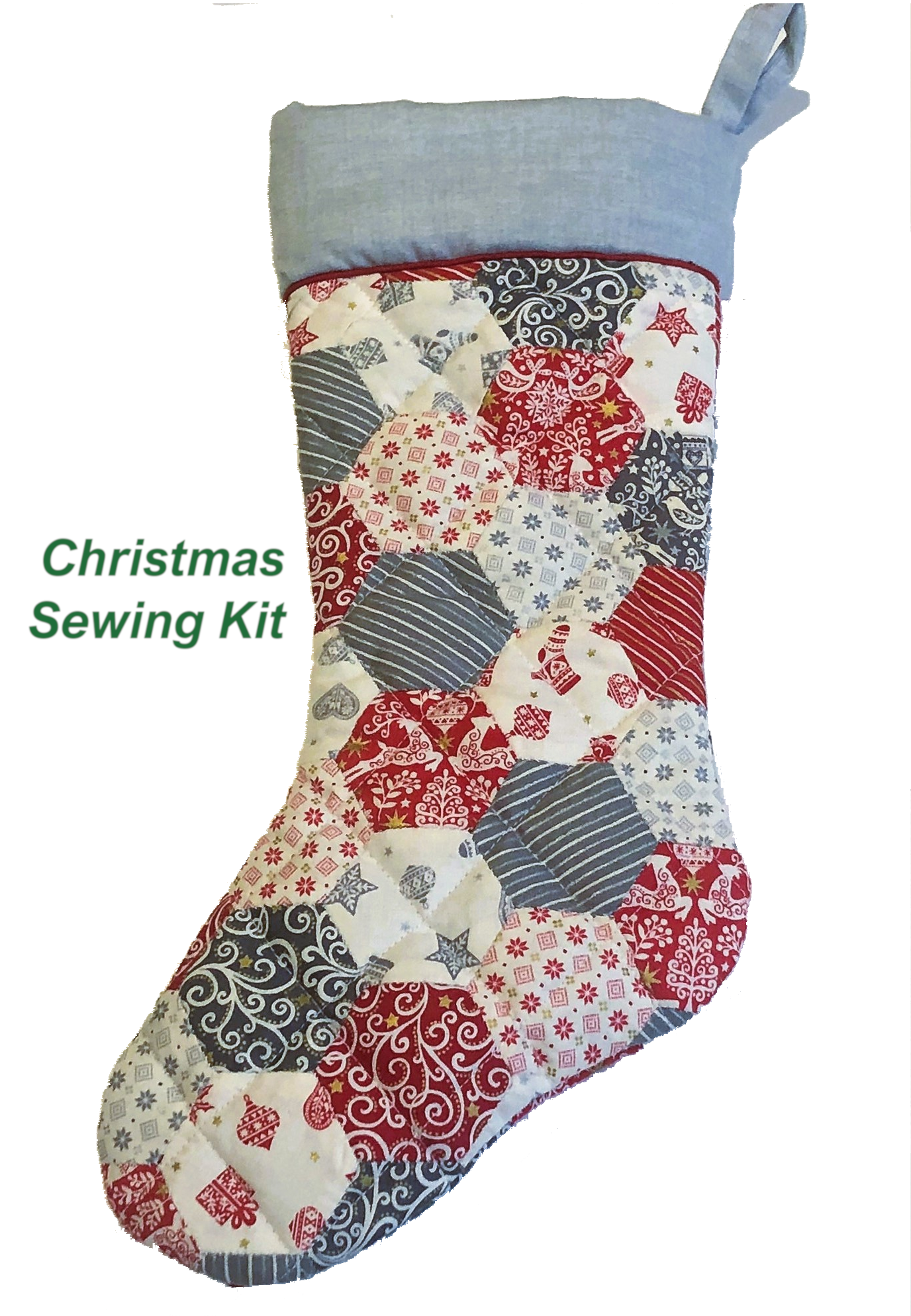 Christmas Stocking Sewing Kit Makower Fabric Quilted Hexagon Patchwork Paper Piecing Stocking