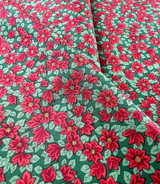 Liberty Christmas Fabric - Festive Greetings Collection, Peaceful Poinsettias red