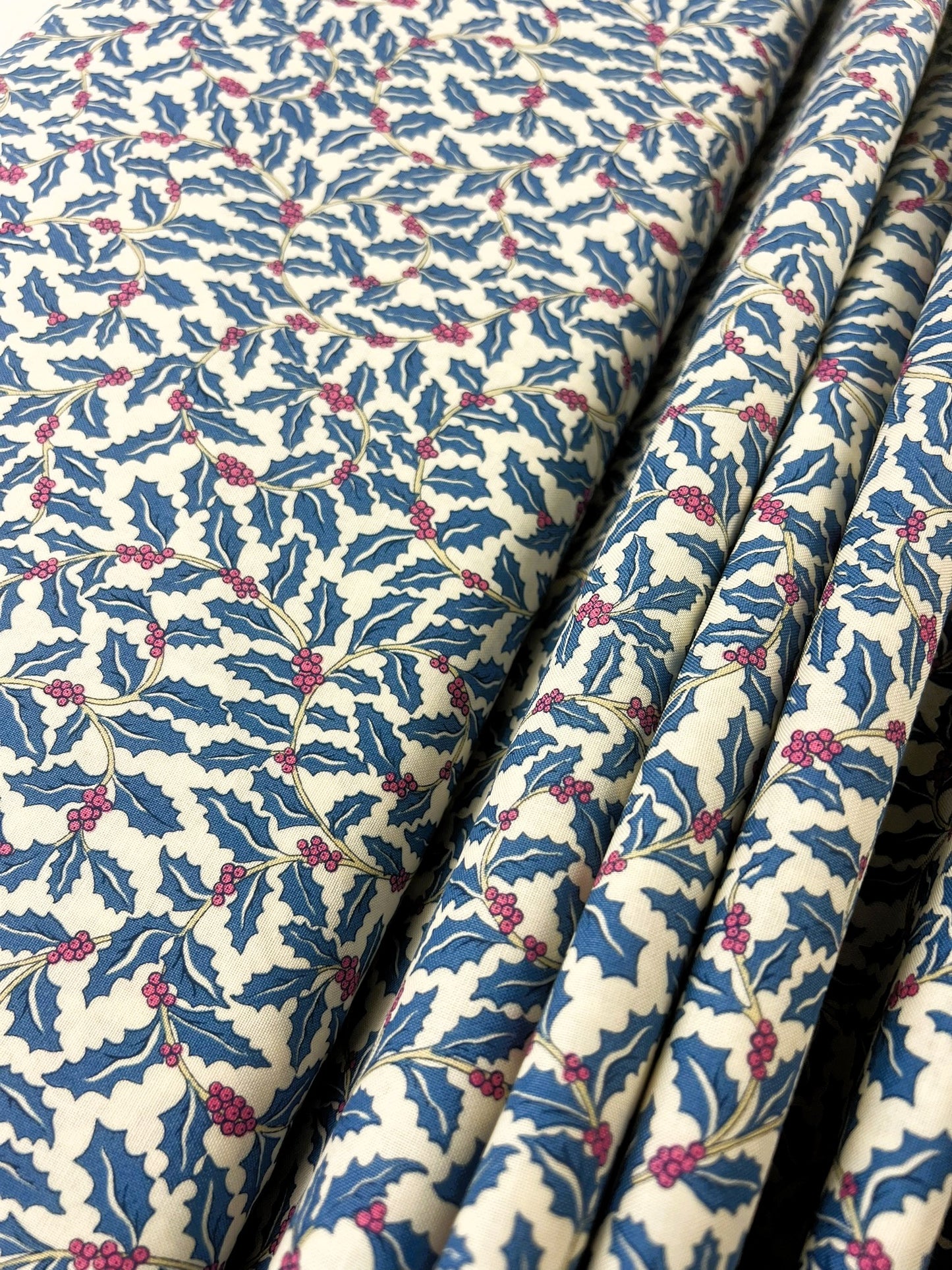 Liberty Christmas Fabric - Festive Greetings Collection, Swirling Holly blue