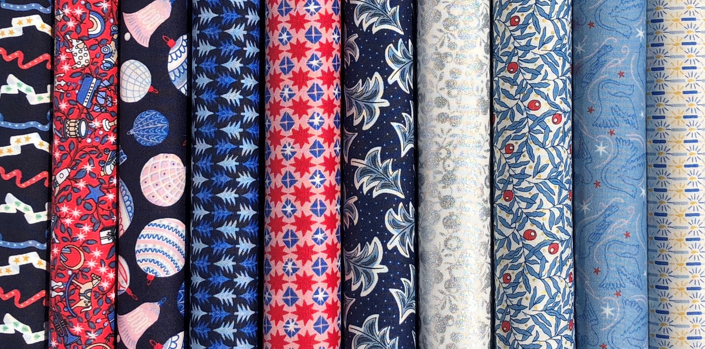 10 2.5inch strips of Liberty quilting cotton jelly roll - Merry and Bright blue and red