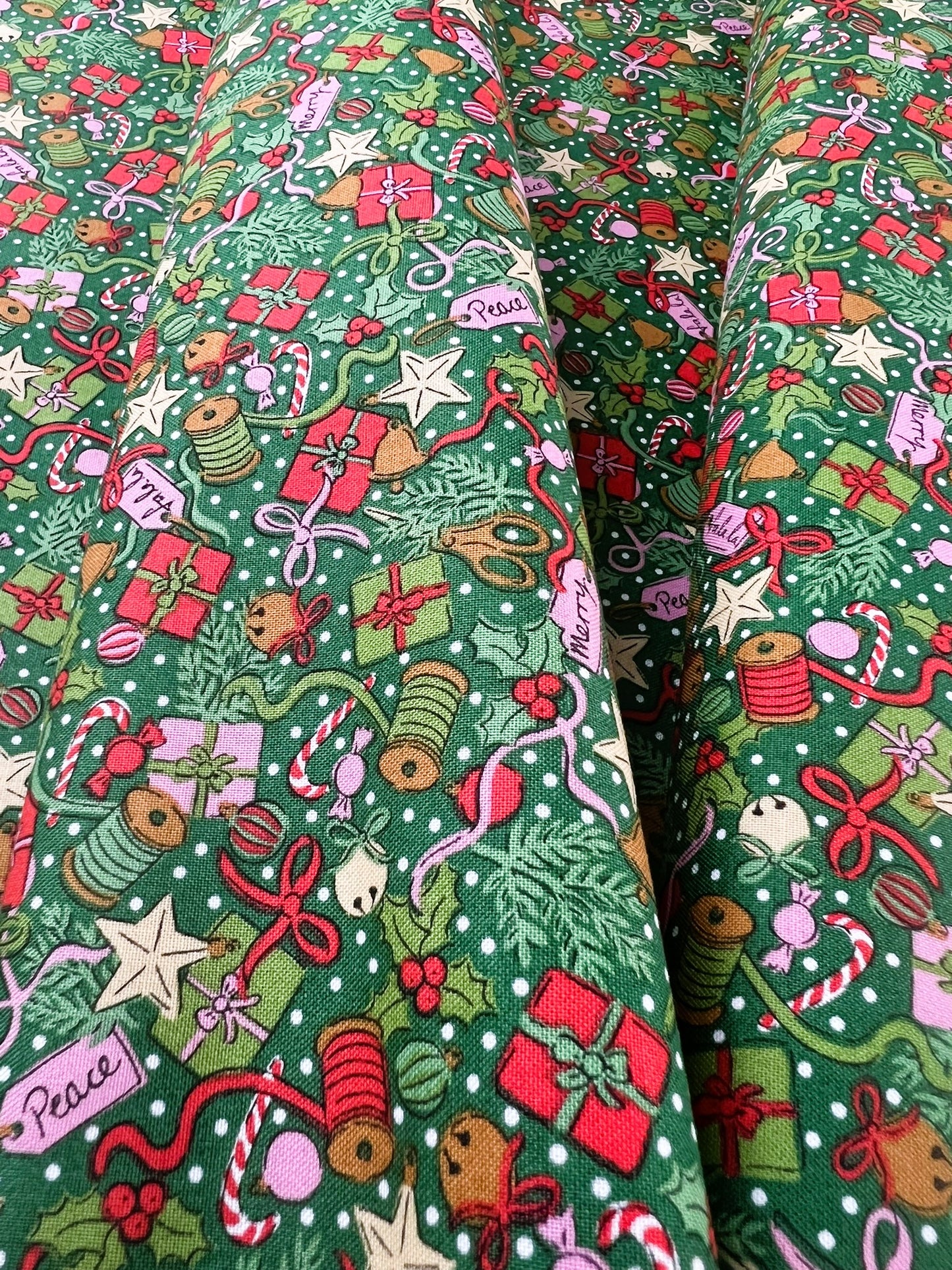 Liberty Christmas Fabric - Festive Greetings Collection, Festive Gifting green