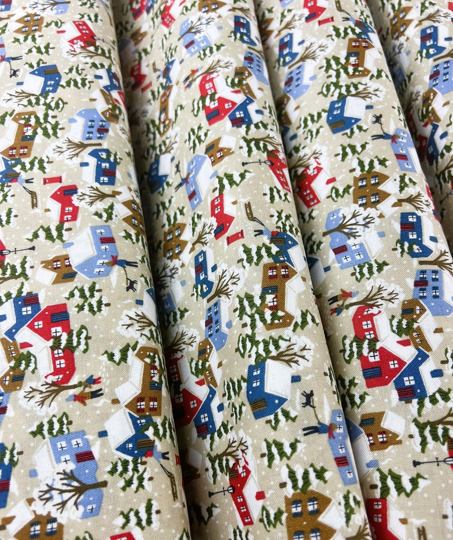 Liberty Christmas Fabric - Festive Greetings Collection, Festive Village beige