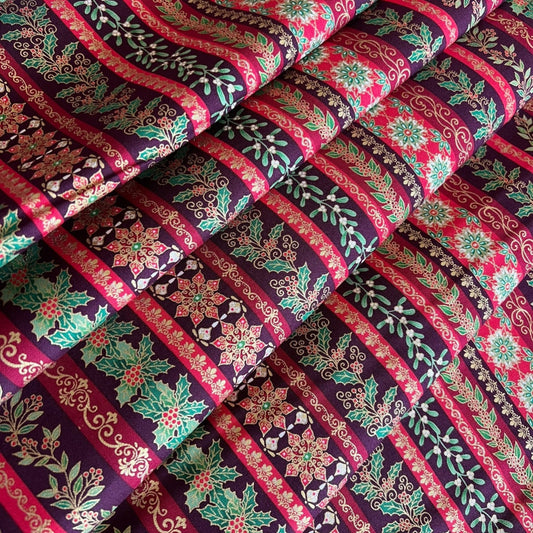 Makower Adorn Christmas Collection - Garland Stripe, burgundy