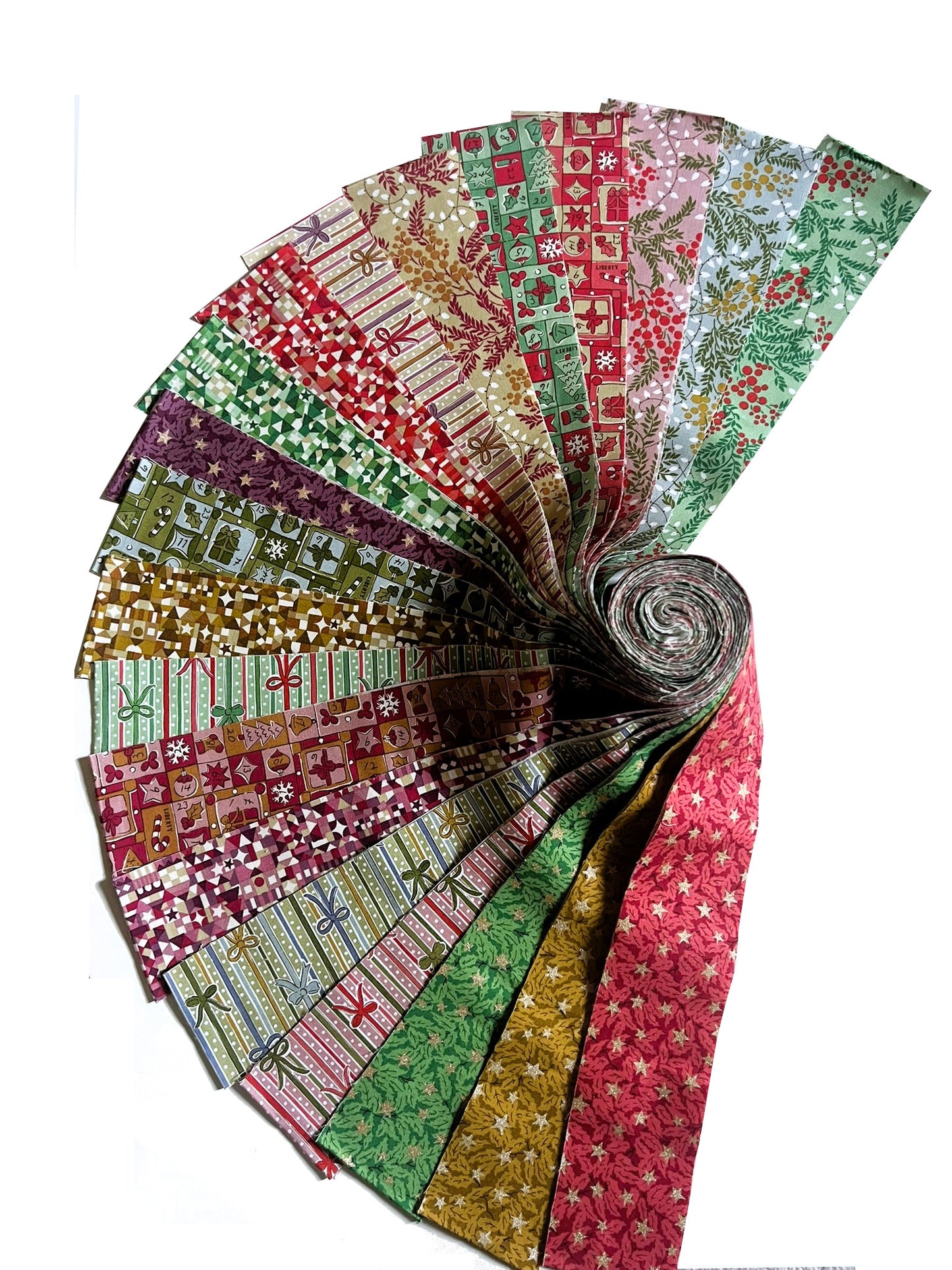 A collection of colorful patterned fabric strips arranged in a spiral fan shape on a plain white background.