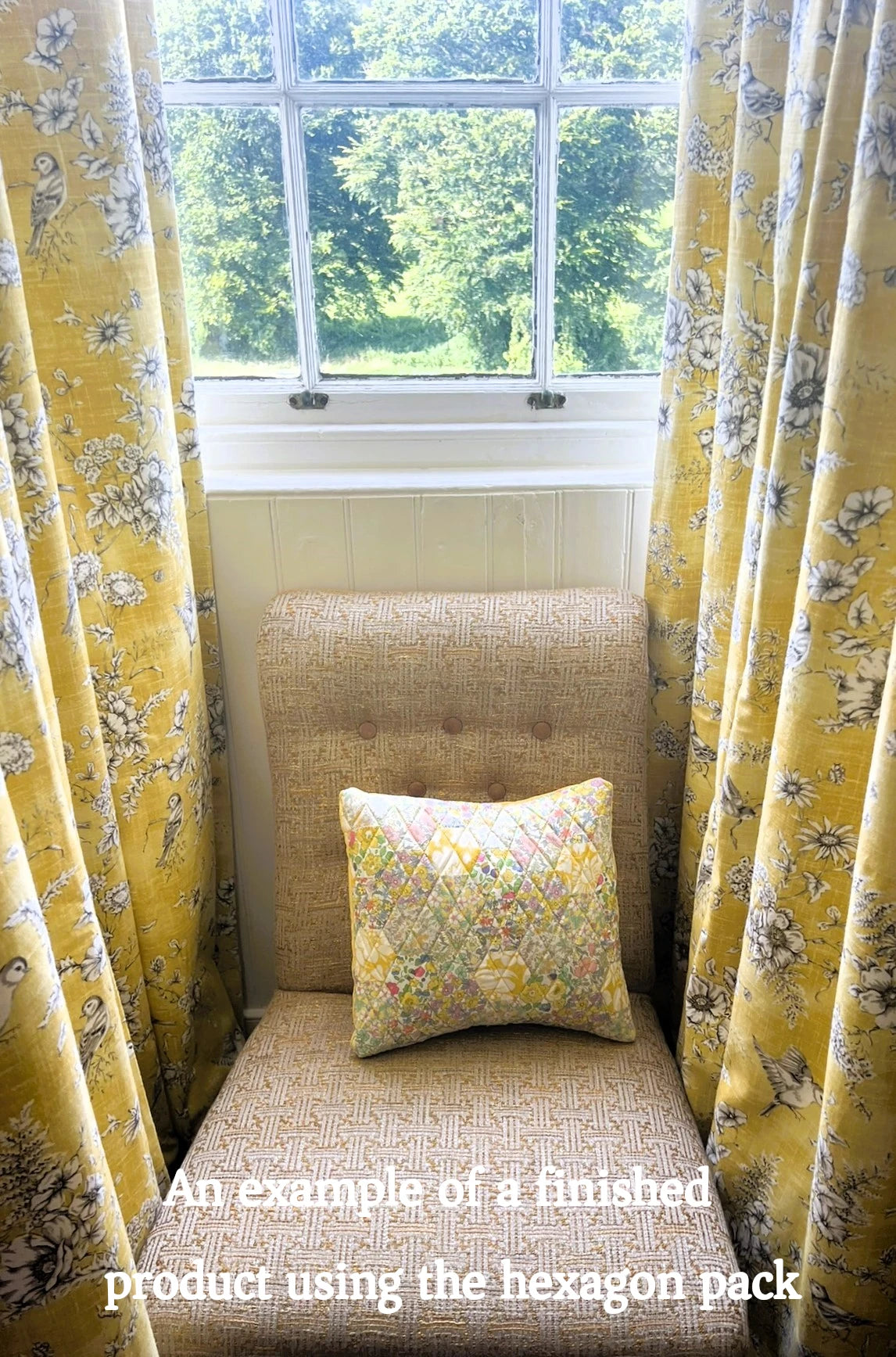 DIY Cushion Sewing Kit Liberty Fabric Quilted Hexagon Patchwork Paper Piecing Slow Stitching 40cm square