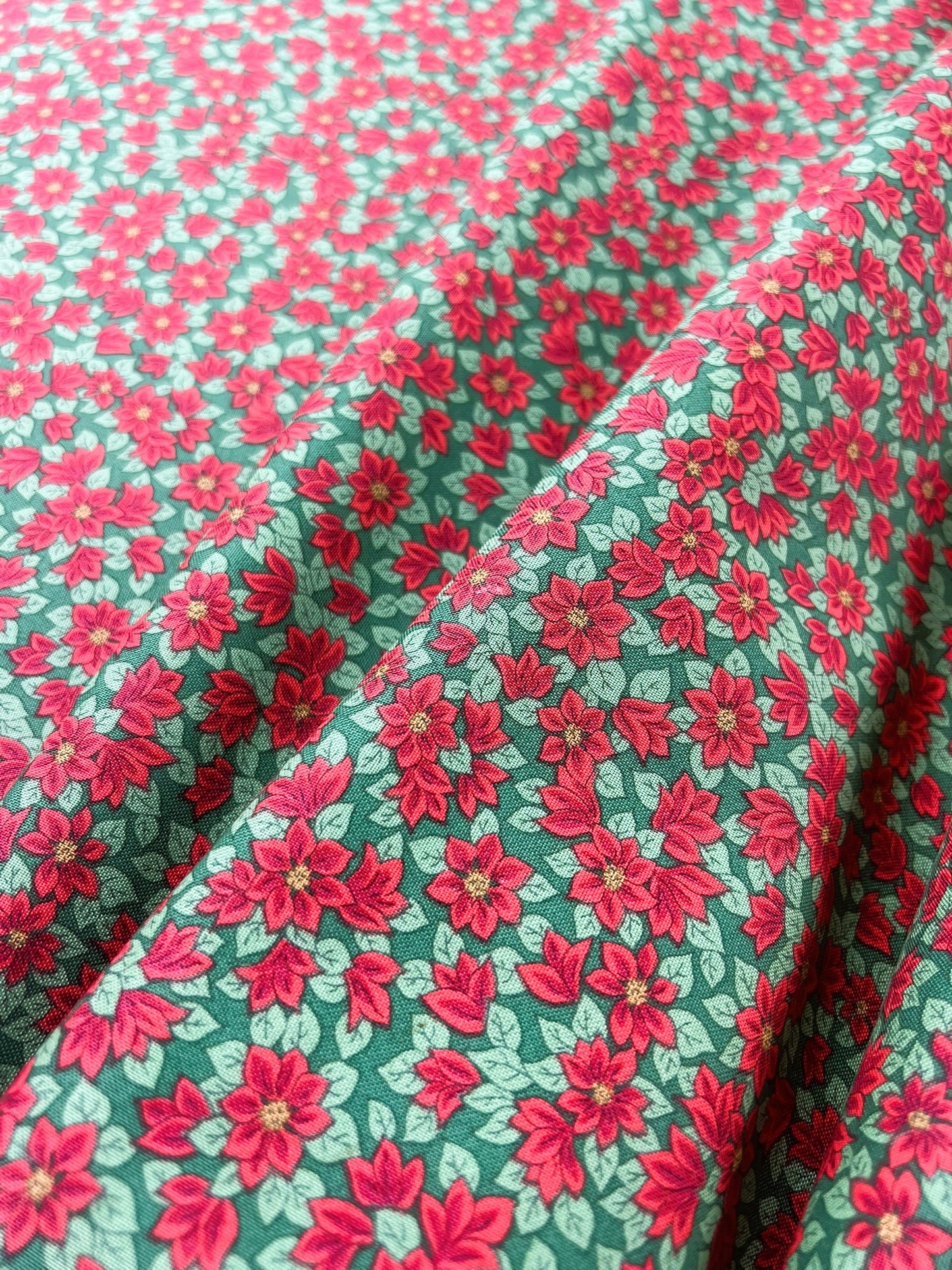 Liberty Christmas Fabric - Festive Greetings Collection, Peaceful Poinsettias red