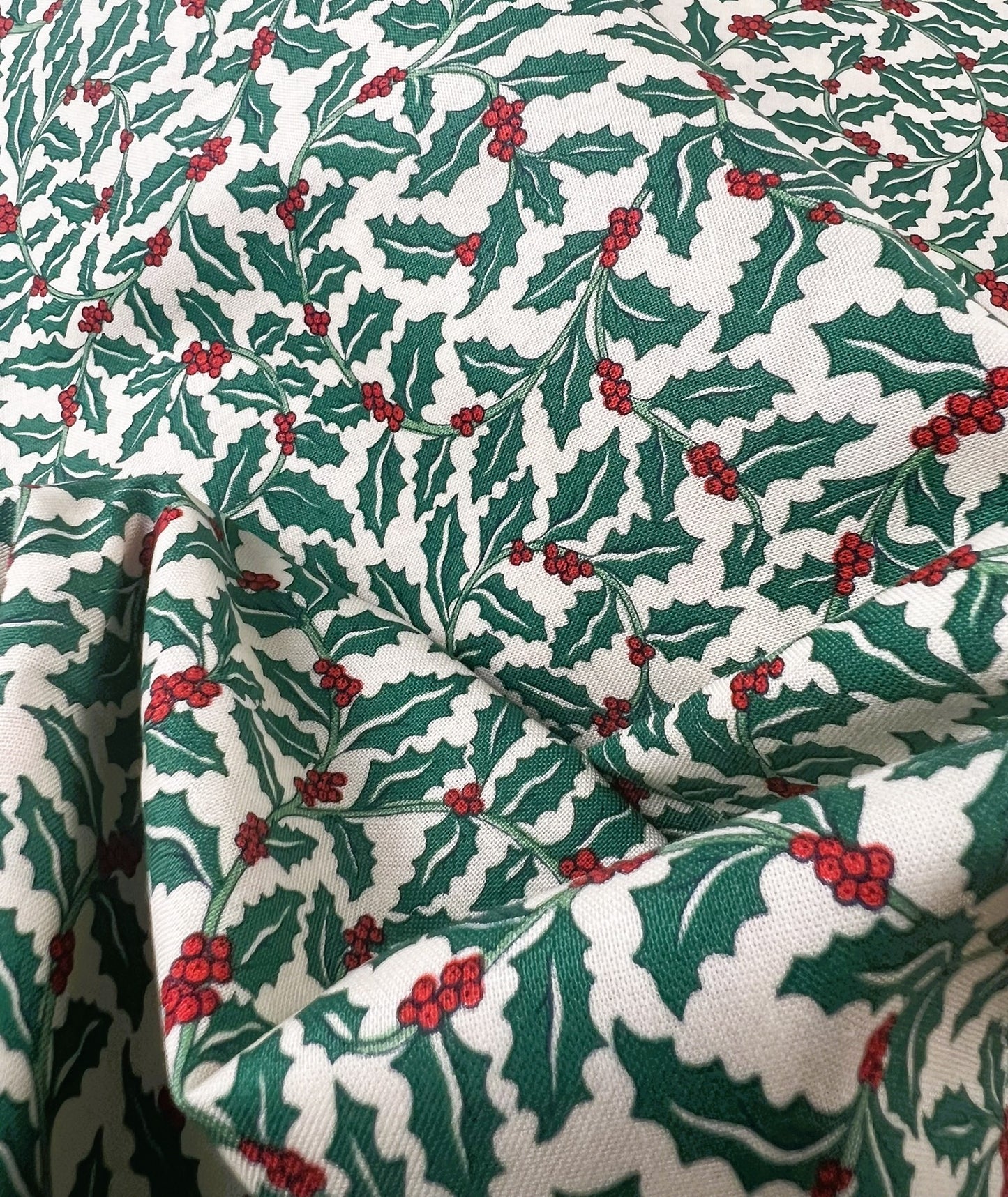 Liberty Christmas Fabric -Festive Greetings Collection, Swirling Holly dark green