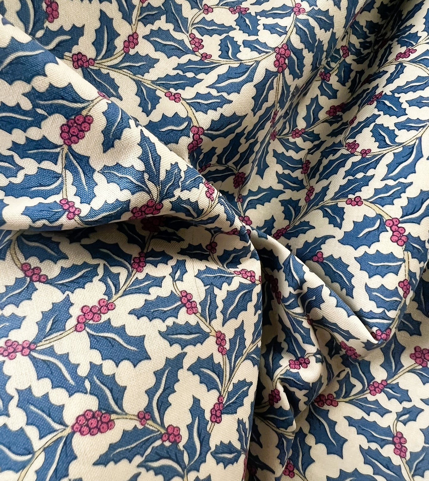 Liberty Christmas Fabric - Festive Greetings Collection, Swirling Holly blue