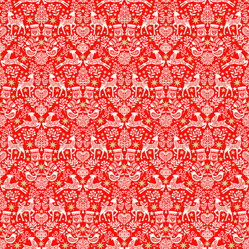 Makower Scandi Christmas - Red Reindeer Metallic Fabric