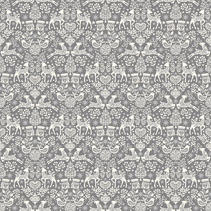Makower Scandi Christmas - Grey Metallic Reindeer Fabric