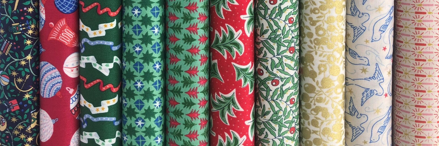 10 2.5inch strips of Liberty quilting cotton jelly roll - Merry and Bright green and reds
