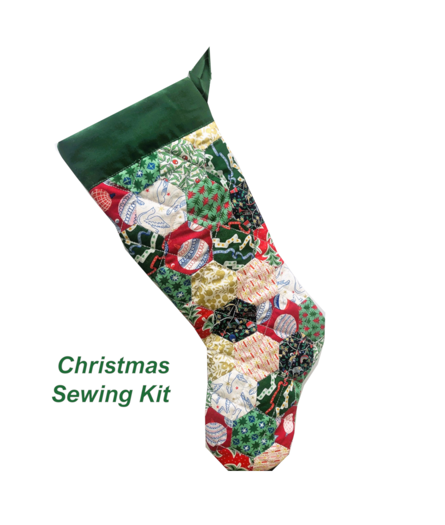 Christmas Stocking Sewing Kit Liberty Fabric Quilted Hexagon Patchwork Paper Piecing Stocking