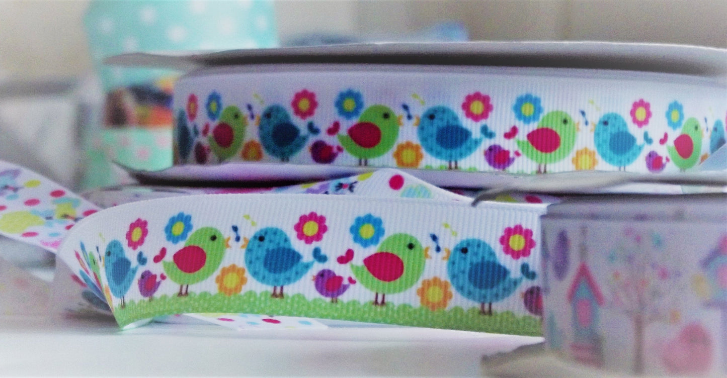 Flowers and Birds Grosgrain Ribbon, 2 yards - 22mm wide